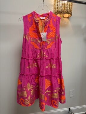 Lace Pink & Orange Embroidered Tiered Mini Dress